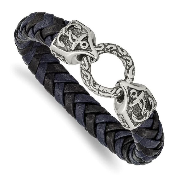 Stainless Steel Black/Blue Leather Antiqued Anchor Bracelet 8.25 Inch